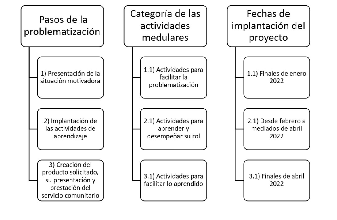 Relación entre pasos de la problematización, categorías de las actividades medulares y la implantación del proyecto