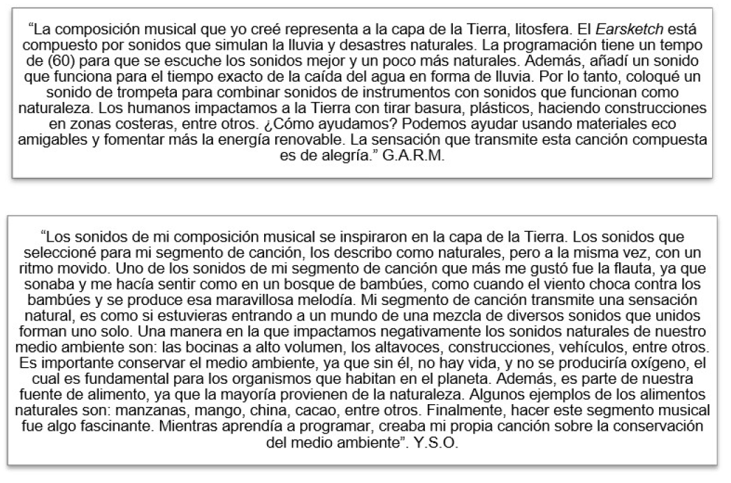 Ejemplos de párrafos descriptivos representados en la composición musical de Est5to