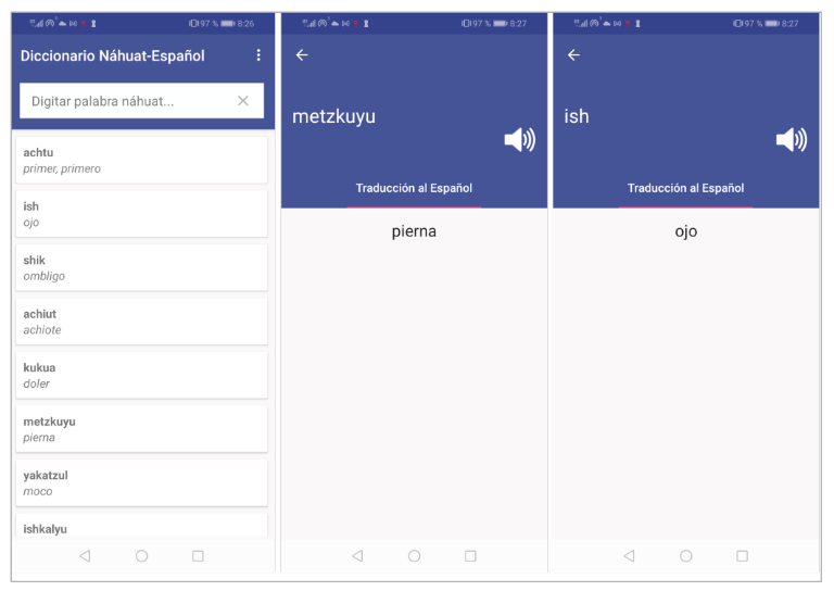 Figura 3. Náhuat-spanish dictionary android mobile application.