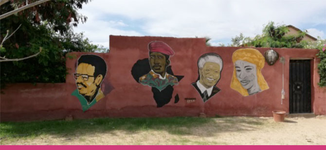 Cheikh Anta Diop, Thomas Sankara, Nelson Mandela y Aline Sitoé Diatta. Pintado por Ndongo Arts