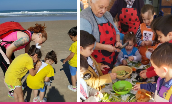 Actividad familiar en la playa; Abuelas en un taller de gastronomía andaluza