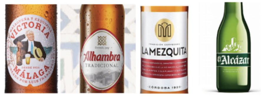 FIGURA 1. Cervezas andaluzas que utilizan aspectos emblemáticos de su lugar de origen en su etiquetado.