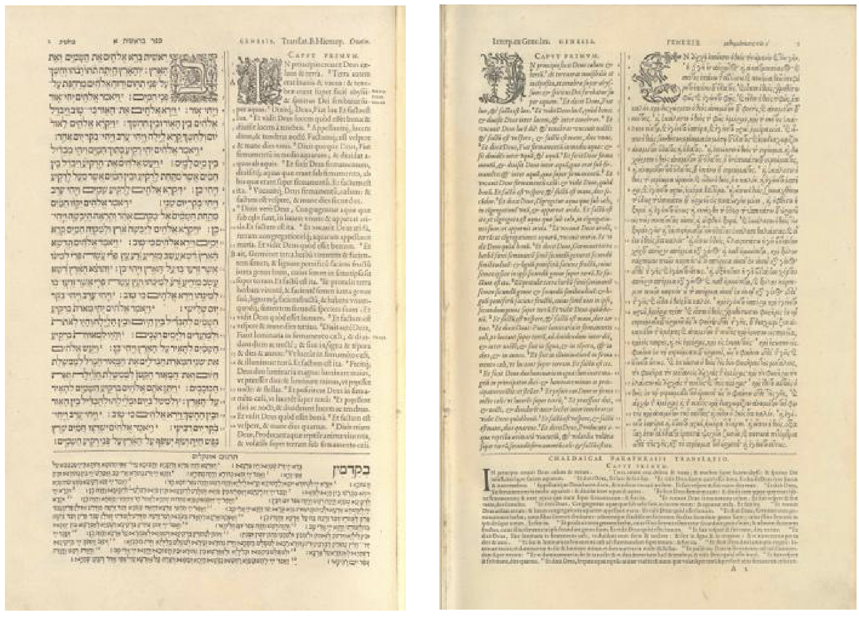 Imágenes 5 y 6. Principio del Génesis en la Biblia <i>Políglota de Amberes</i> (1569), vol. I.