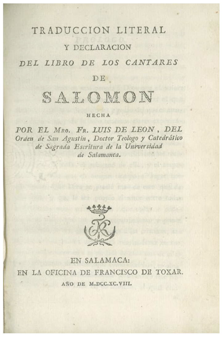 Imagen 11. Portada de la primera edición impresa del Cantar de los cantares (1798) de fray Luis de León.