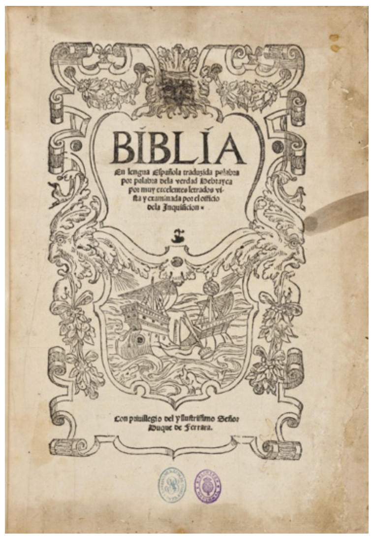 Imagen 13. Portada de la <i>Biblia de Ferrara</i> (1553).