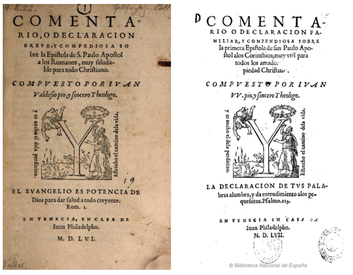 Imágenes 14 y 15. Portadas de las versiones comentadas de Romanos (1556) y 1 Corintios (1557), de Juan de Valdés, impresas por Juan Pérez.
