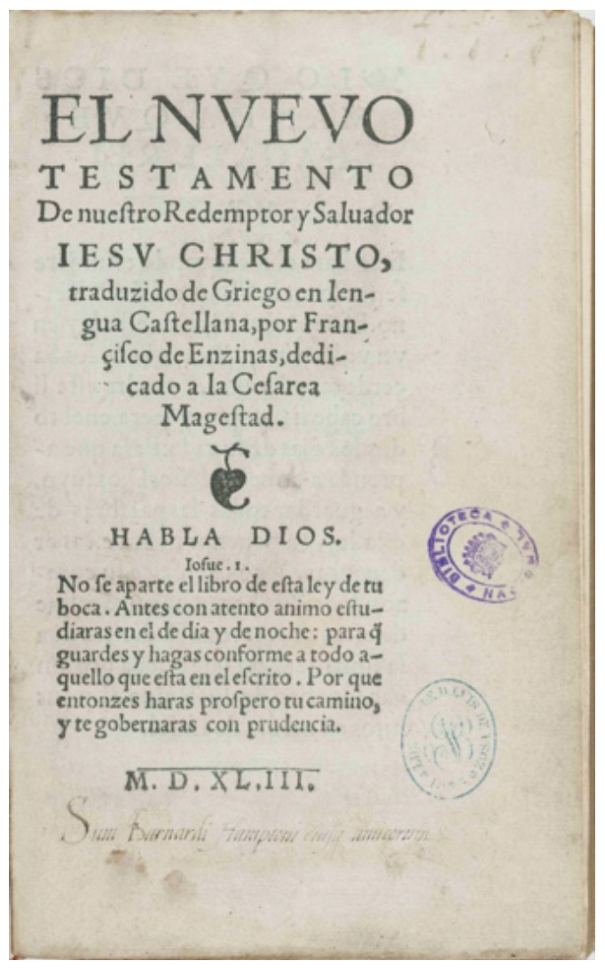 Imagen 16. Portada del <i>Nuevo Testamento</i> (1543), de Francisco de Enzinas.