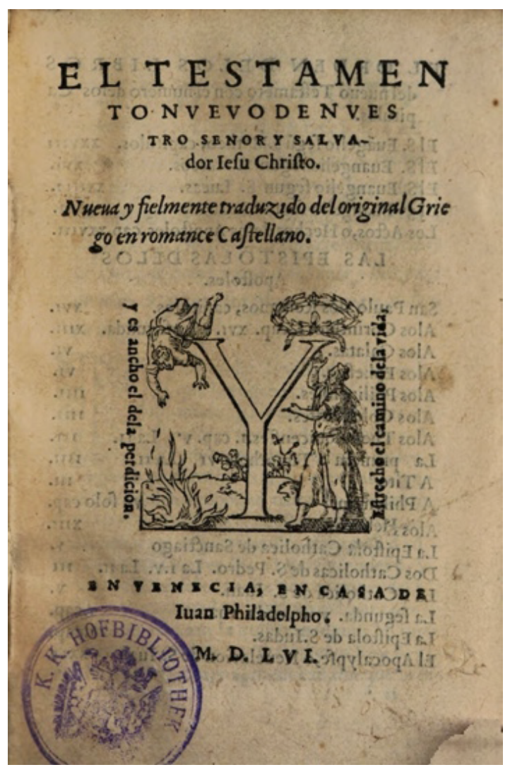 Imagen 17. Portada del <i>Nuevo Testamento</i> (1556), de Juan Pérez de Pineda.