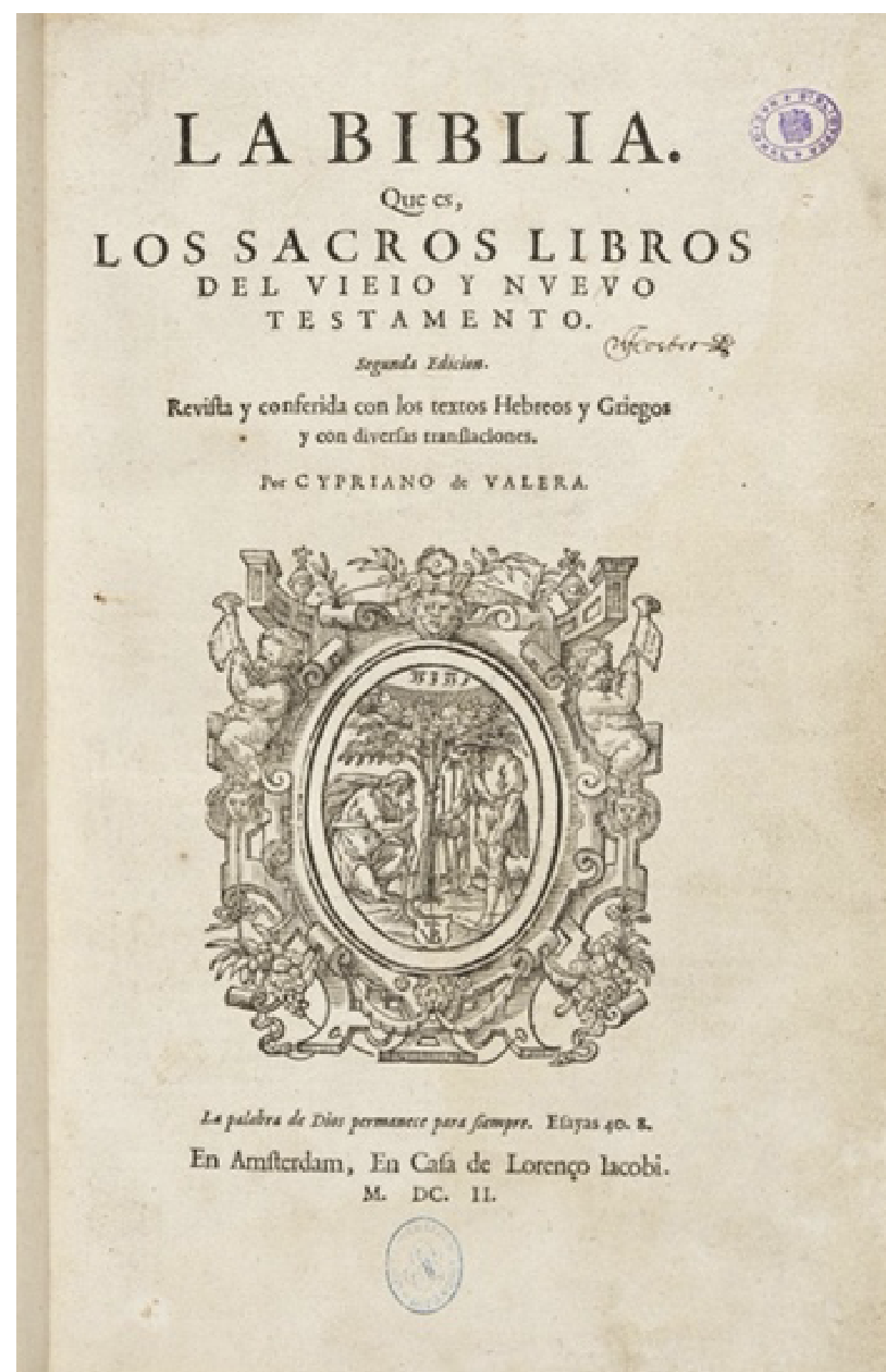 Imagen 19. Portada de la Biblia del Cántaro (1602), firmada por Cipriano de Valera.