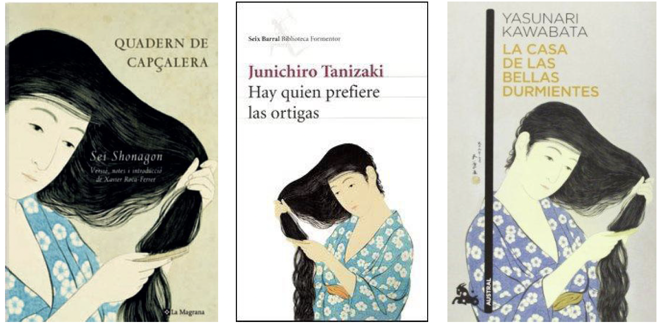 Figure 2. Cover of the Catalan translation by Roca-Ferrer (Sei Shōnagon, 2007)
and other covers with the same illustration (Tanizaki, 2004; Kawabata, 2013)