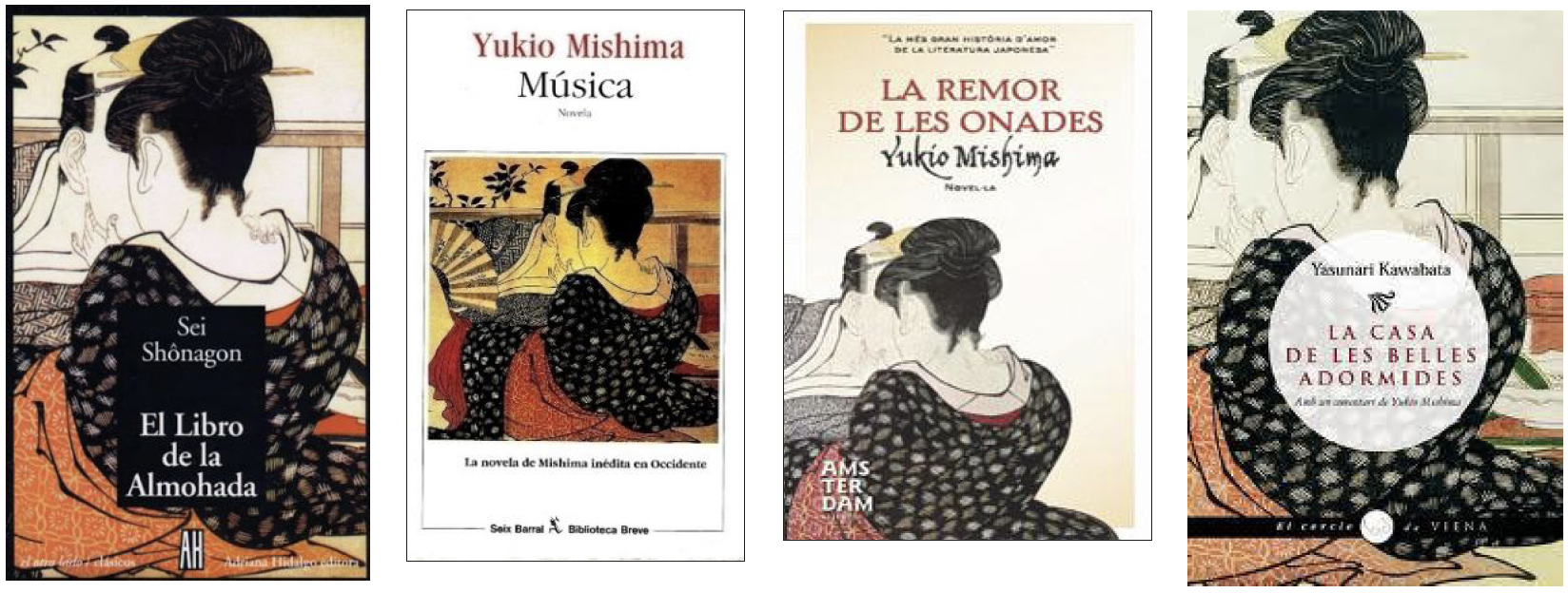 Figure 3. Cover of the first edition of the translation by Sato (Sei Shōnagon, 2001),
and other books that use the same illustration (Mishima, 1993; 2008; Kawabata, 2007)