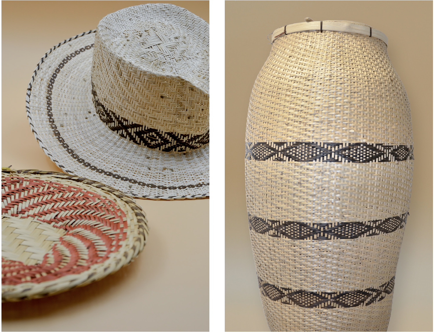 Sombrero realizado con tacuarembó y guardas; Ajaka guazú, un canasto grande que se utilizaba para almacenar maíz. 
