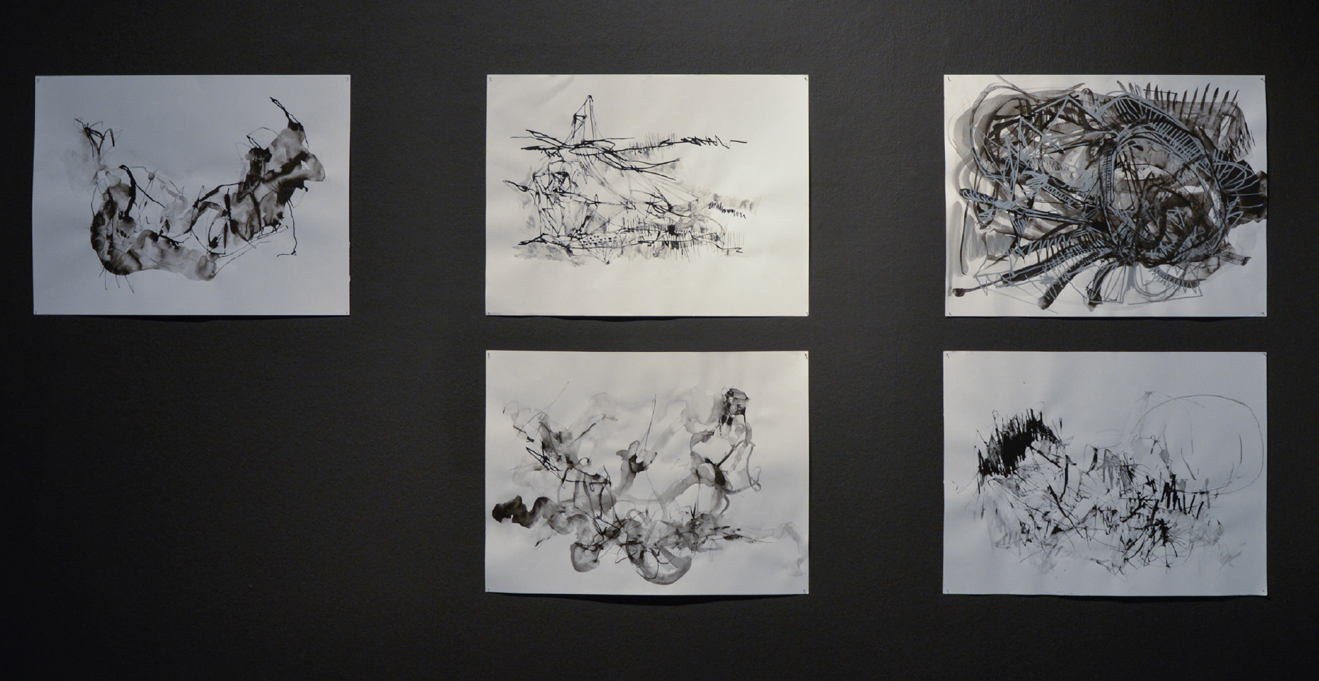 Detalle de algunos de los dibujos en tinta china mostrados en la exposición.