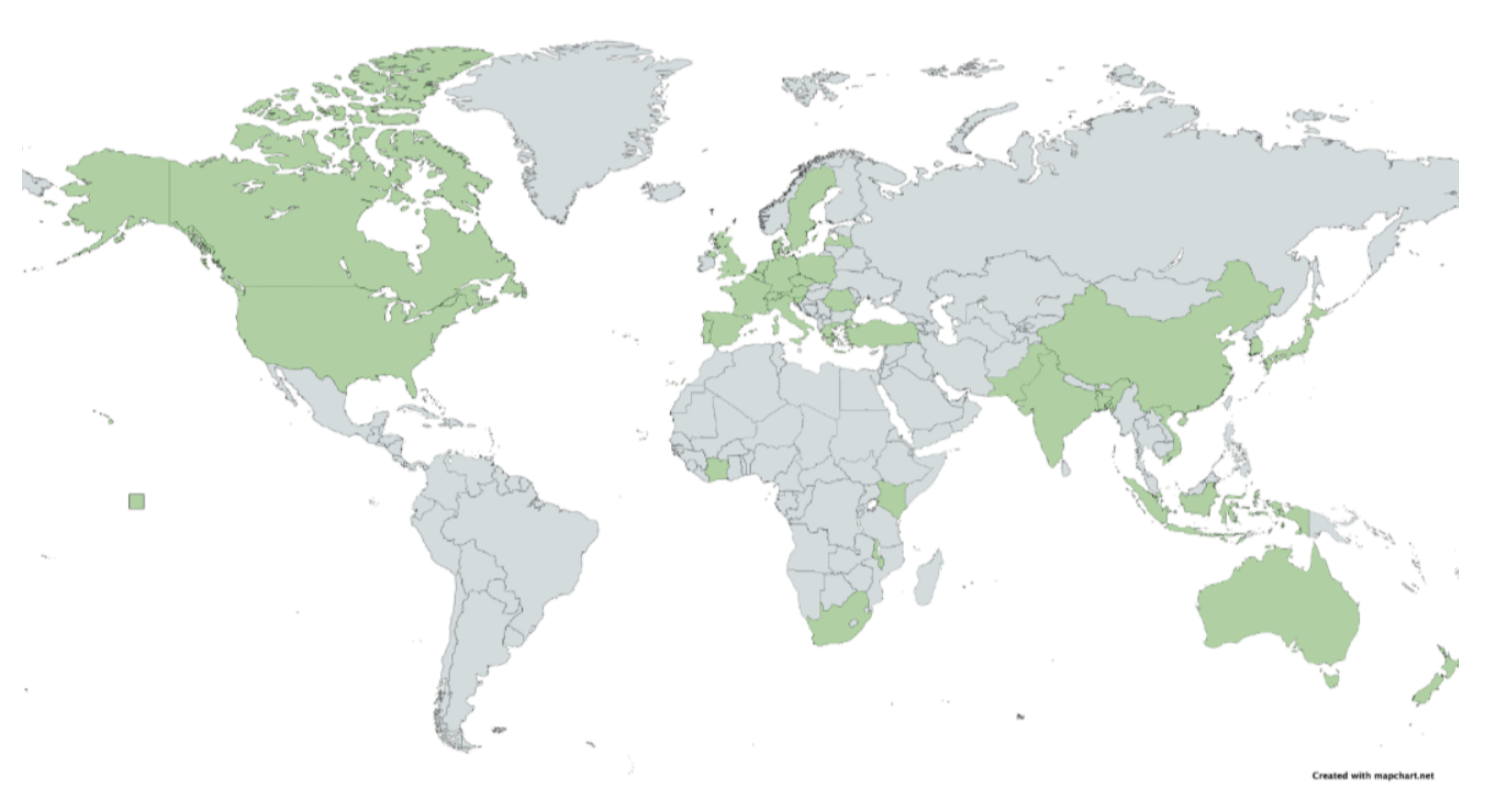 Imagen 1. Países cuya población ha sido objeto de estudios sobre la confianza. Fuente: elaboración propia