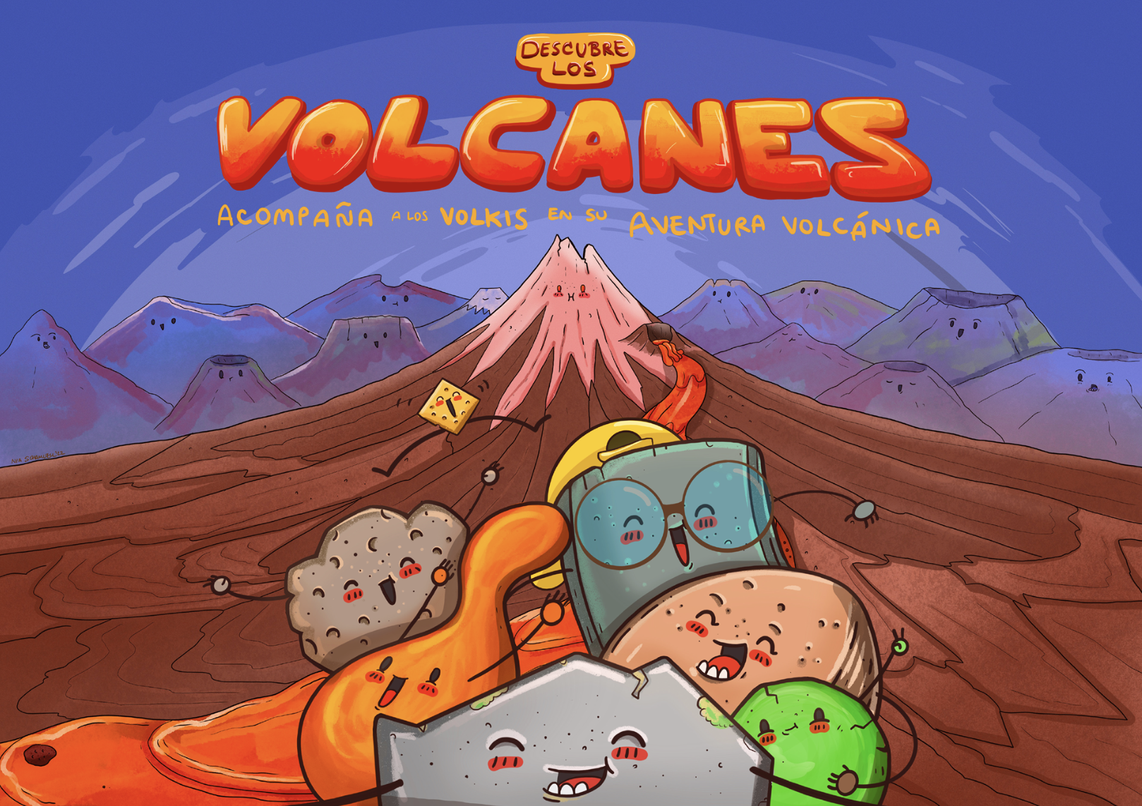 Cubierta del libro Descubre los volcanes. Acompaña a los volkis en su aventura volcánica.