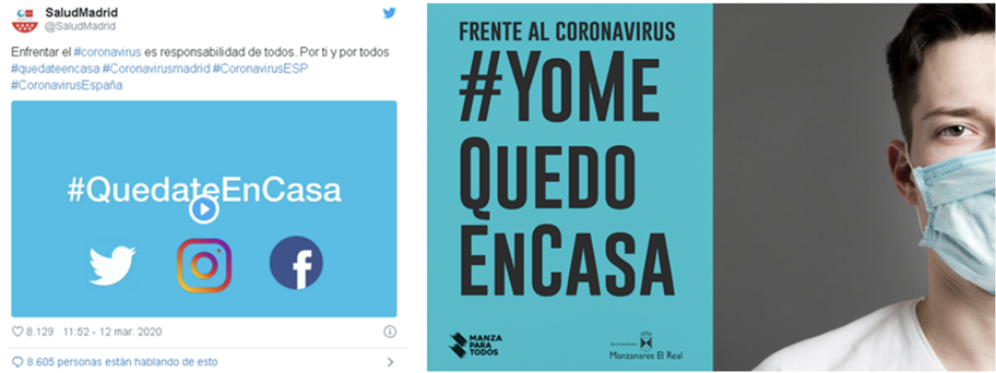 Imagem 1. Capturas de tela das campanhas difundidas em território espanhol promovendo o isolamento social por confinamento
domiciliar obrigatório durante a primeira onda do coronavirus na Europa. (Foto: arquivo pessoal)..