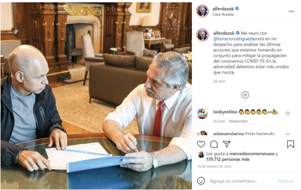 Imagen 1. Ejemplo de consenso: publicación de Alberto Fernández en Instagram, 18 de marzo de 2020