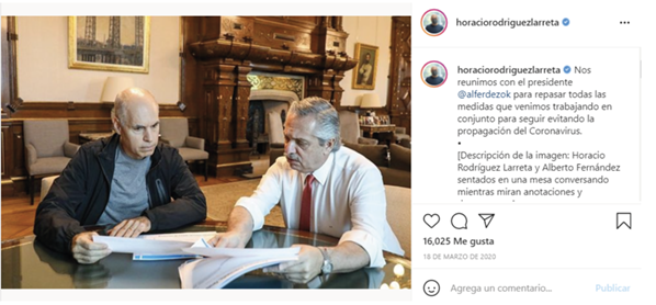 Imagen 2. Ejemplo de consenso: publicación de Horacio Rodríguez Larreta en Instagram, 18 de marzo de 2020.