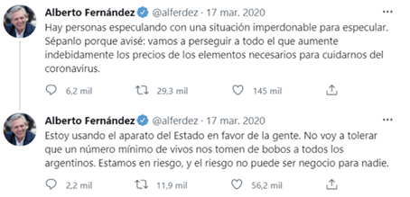 Imagen 3. Ejemplo de polarización: publicación de Alberto Fernández en Twitter, 17 de marzo de 2020.