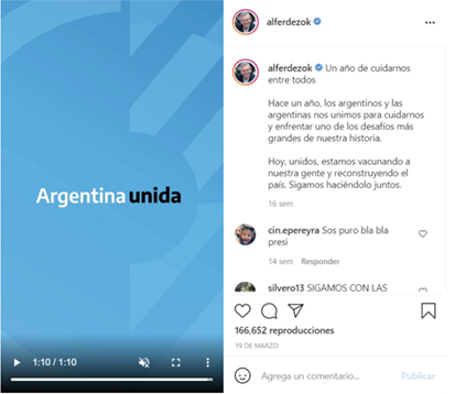 Imagen 5. Ejemplo de consenso: publicación de Alberto Fernández en Instagram, 19 de marzo de 2021.