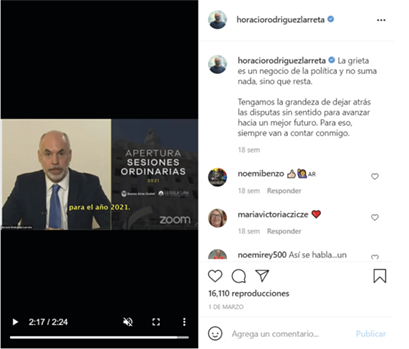 Imagen 6. Ejemplo de consenso: publicación de Horacio Rodríguez Larreta en Instagram,
1 de marzo de 2021.