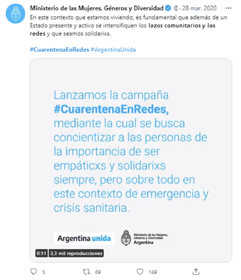 Figura 2. Fuente: @MinGenerosAR. Presentación de #Cuarentena-
EnRedes en Twitter.