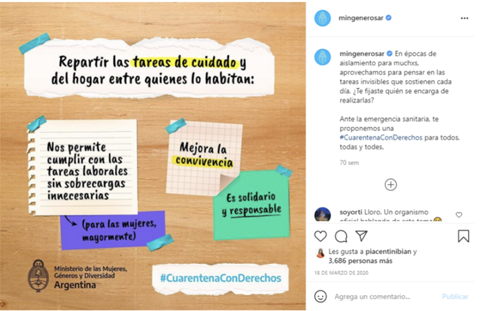 Figura 6. Fuente: cuenta @mingenerosar. Primer posteo en Instagram con #CuarentenaConDerechos.