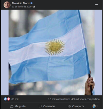Figura 3. Posteo del Día de la Bandera, que alude a la marcha anticuarentena. Fuente:&nbsp;página oficial de Facebook de Mauricio Macri.