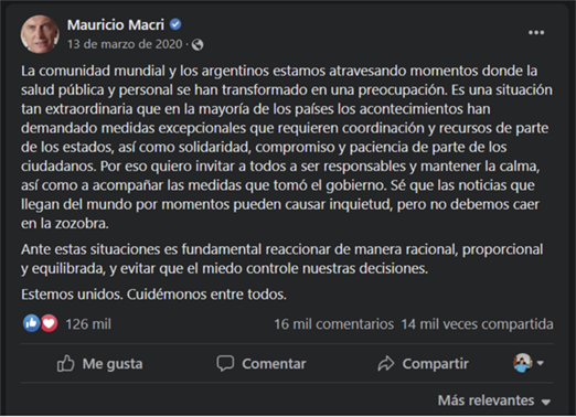 Figura 1. Posteo del 13 de marzo de 2020, que alude a la declaración de la pandemia por parte de la OMS. Fuente:&nbsp;página oficial de Facebook de Mauricio Macri..
