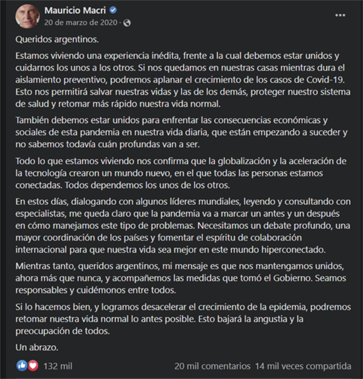 Figura 2. Posteo del 20 de marzo de 2020, que alude a la cuarentena anunciada por Alberto Fernández. Fuente:&nbsp;página oficial de Facebook de Mauricio Macri..