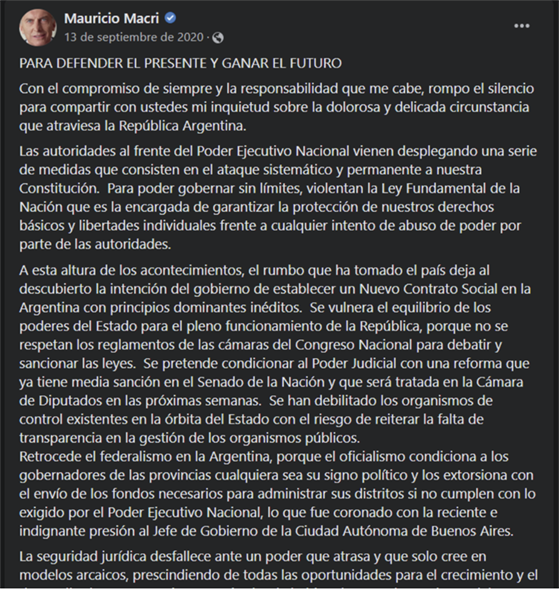 Figura 8. Posteo del 13 de septiembre de 2020, que alude a las políticas llevadas a cabo por Alberto Fernández en torno de la pandemia del covid-19. Fuente:&nbsp;página oficial de Facebook de Mauricio Macri.