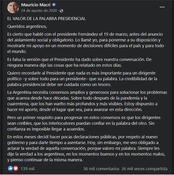 Figura 7. Posteo del 24 de agosto de 2020, que alude a las declaraciones de Alberto Fernández sobre la conversación entre ambos por la pandemia del covid-19. Fuente:&nbsp;página oficial de Facebook de Mauricio Macri.