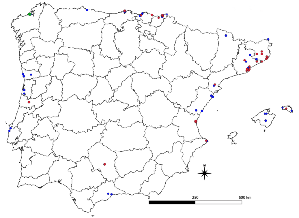 Imagen de mapa de distribución en la península ibérica y Baleares de Cyrtomium falcatum